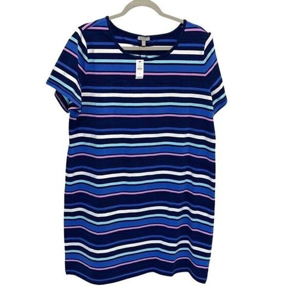 Talbots Womens Stripe Ruched Drawstring Back T-Shirt Dress Blue Pink Size 1X NWT - Picture 2 of 8